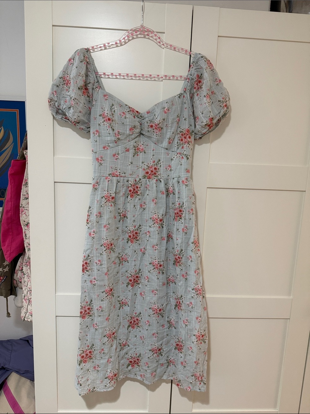As U Wish Light Blue Floral Puff-Sleeve Midi Dress